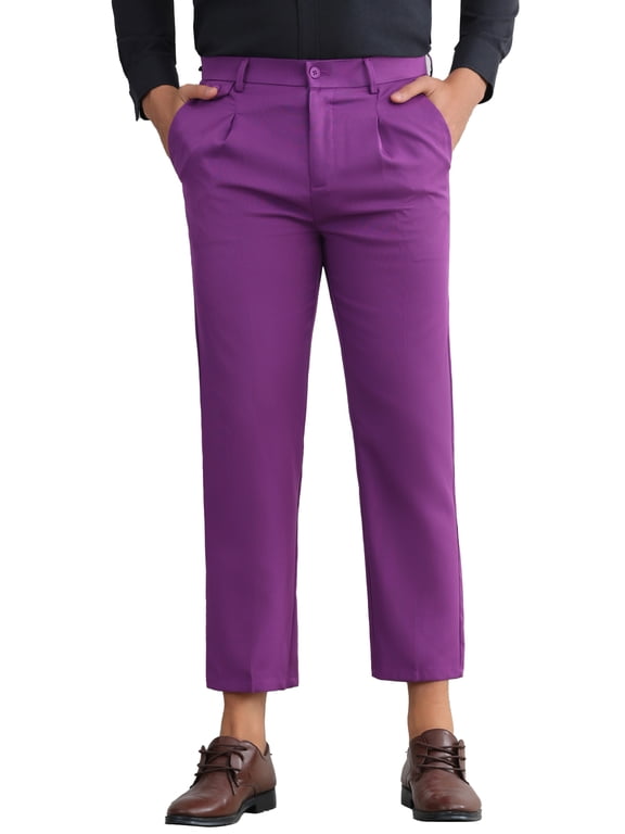 Men's Cropped Pants Skinny Pleated Front Ankle Length Dress Pants 32 Purple