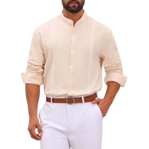 INSPIRE CHIC Men's Cuban Guayabera Shirt Long Sleeve Button Down Casual Summer Beach Shirts M Beige