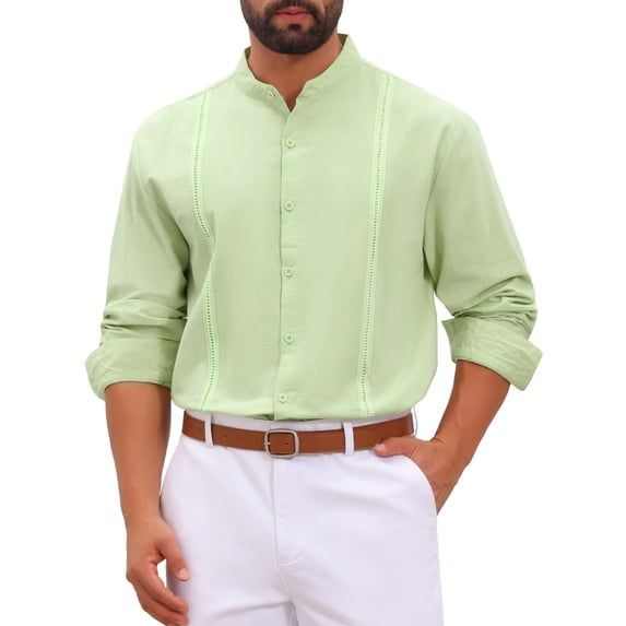INSPIRE CHIC Men's Cuban Guayabera Shirt Long Sleeve Button Down Casual Summer Beach Shirts M Light Green