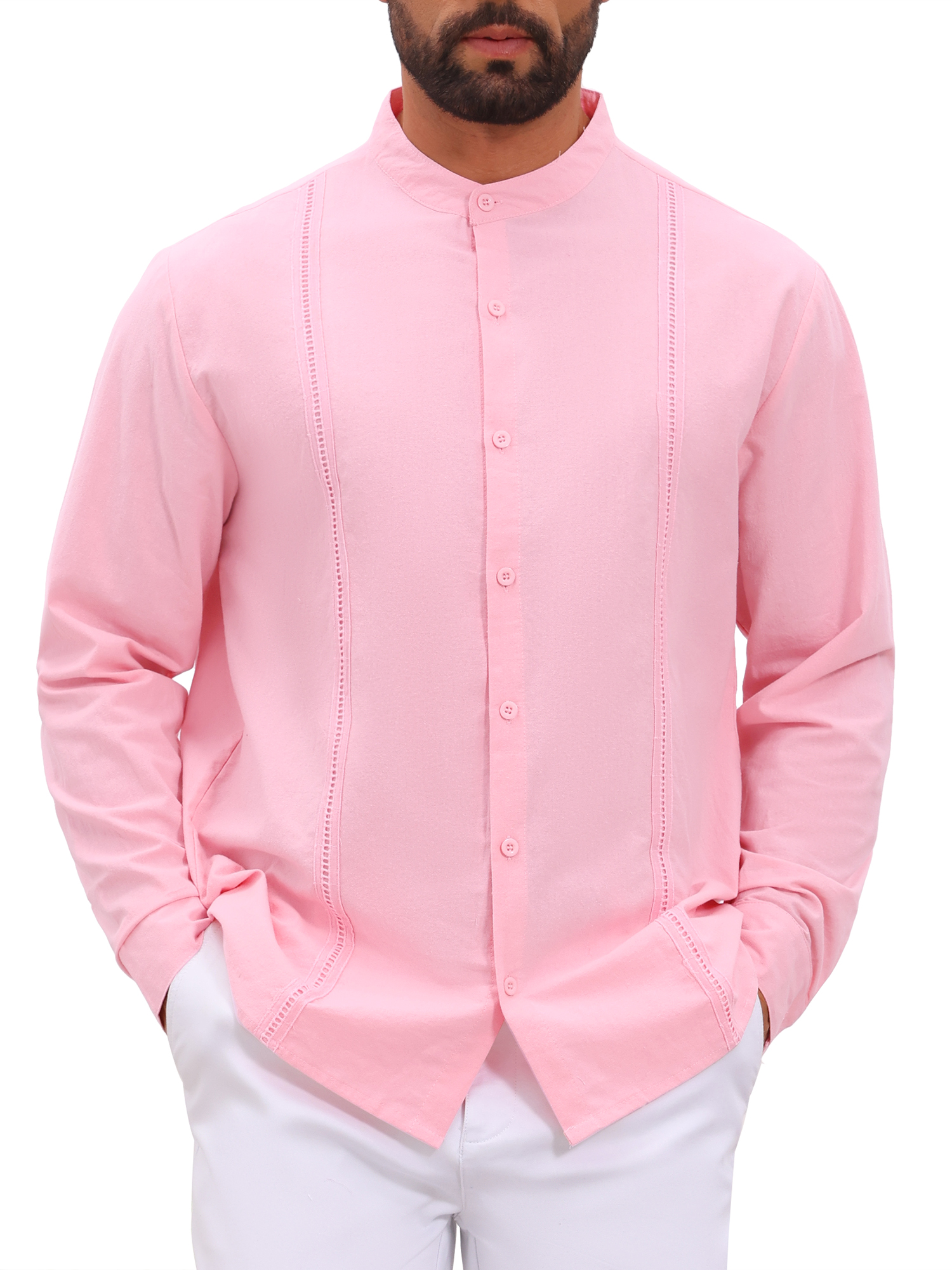 INSPIRE CHIC Men's Guayabera Shirt Band Collar Long Sleeve Pleated Front Button Down Top S Pink