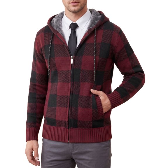 INSPIRE CHIC Men's Drawstring Hooded Zipper Fleece Lined Plaid Knitted Sweater Jacket L Red