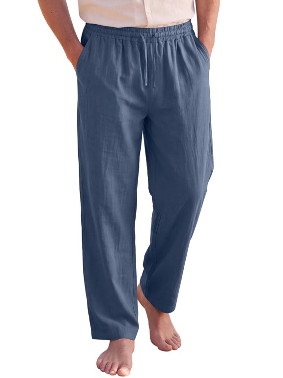 Men's Drawstring Straight Lightweight Beach Linen Pants L Navy Blue
