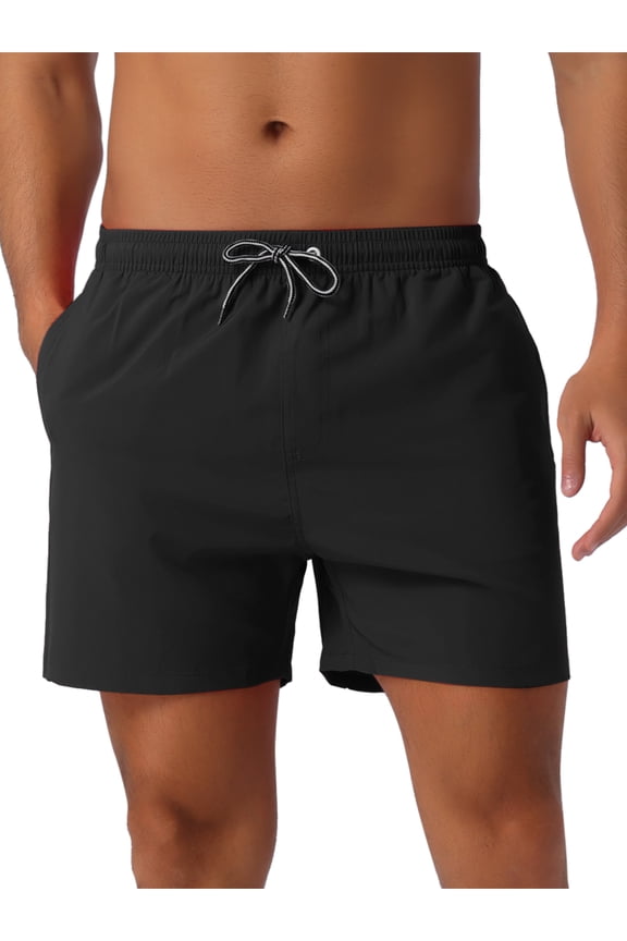 Men's Drawstring Waist Side Pockets Mesh Lining Beach Swim Trunks 32 Black