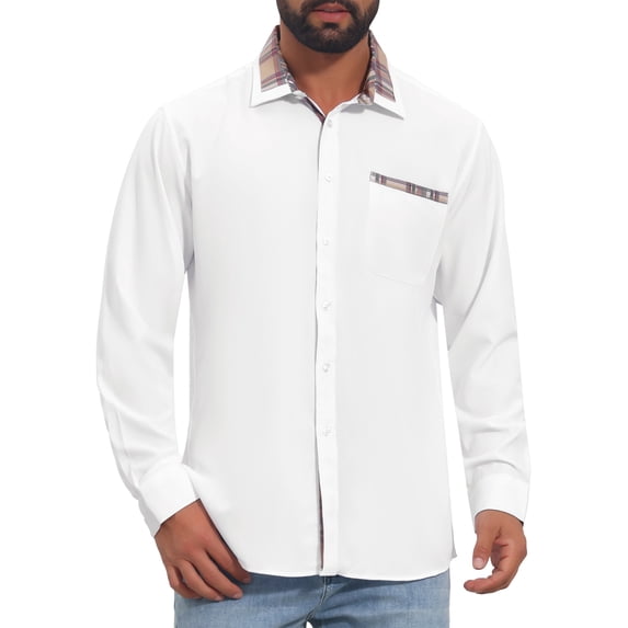 INSPIRE CHIC Men's Dress Shirts Long Sleeve Plaid Collar Button Down Shirt L White