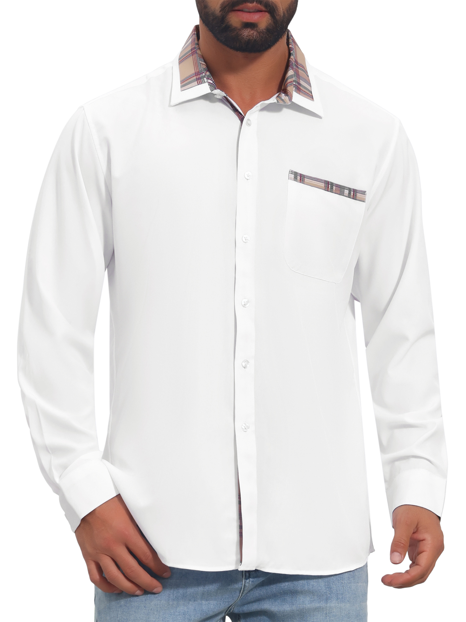 INSPIRE CHIC Men's Dress Shirts Long Sleeve Plaid Collar Button Down Shirt XL White