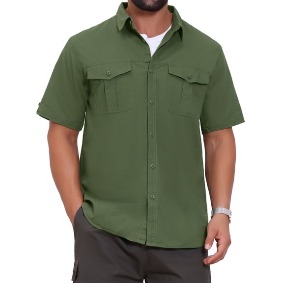 INSPIRE CHIC Men's Fishing Shirt Summer Short Sleeve Solid Hiking Cargo Shirts XL Olive Green