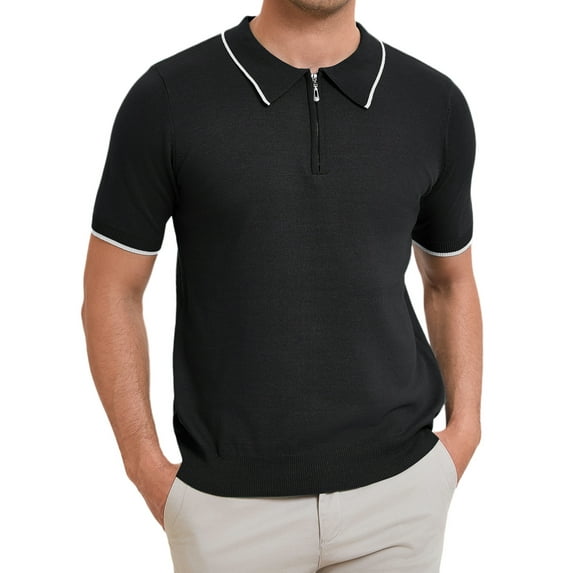 INSPIRE CHIC Men's Formal Polo Solid Color Short Sleeved Zipper Slim Fit Classic Polo Shirts M Black