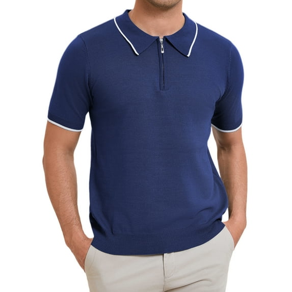 INSPIRE CHIC Men's Formal Polo Solid Color Short Sleeved Zipper Slim Fit Classic Polo Shirts M Navy Blue