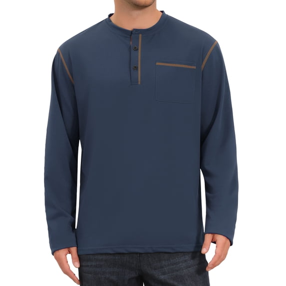 INSPIRE CHIC Men's Henley Shirt Long Sleeve Button Casual Pullover T-Shirt L Navy Blue