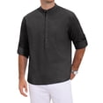 thumbnail image 1 of INSPIRE CHIC Men's Henley Shirt Solid Color Roll-Up Long Sleeve Band Collar Button Down Top 3XL Black, 1 of 6