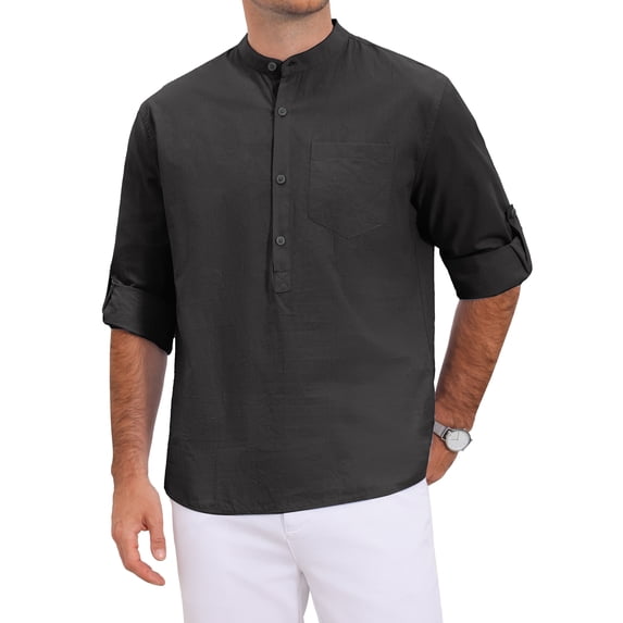 INSPIRE CHIC Men's Henley Shirt Solid Color Roll-Up Long Sleeve Band Collar Button Down Top M Black