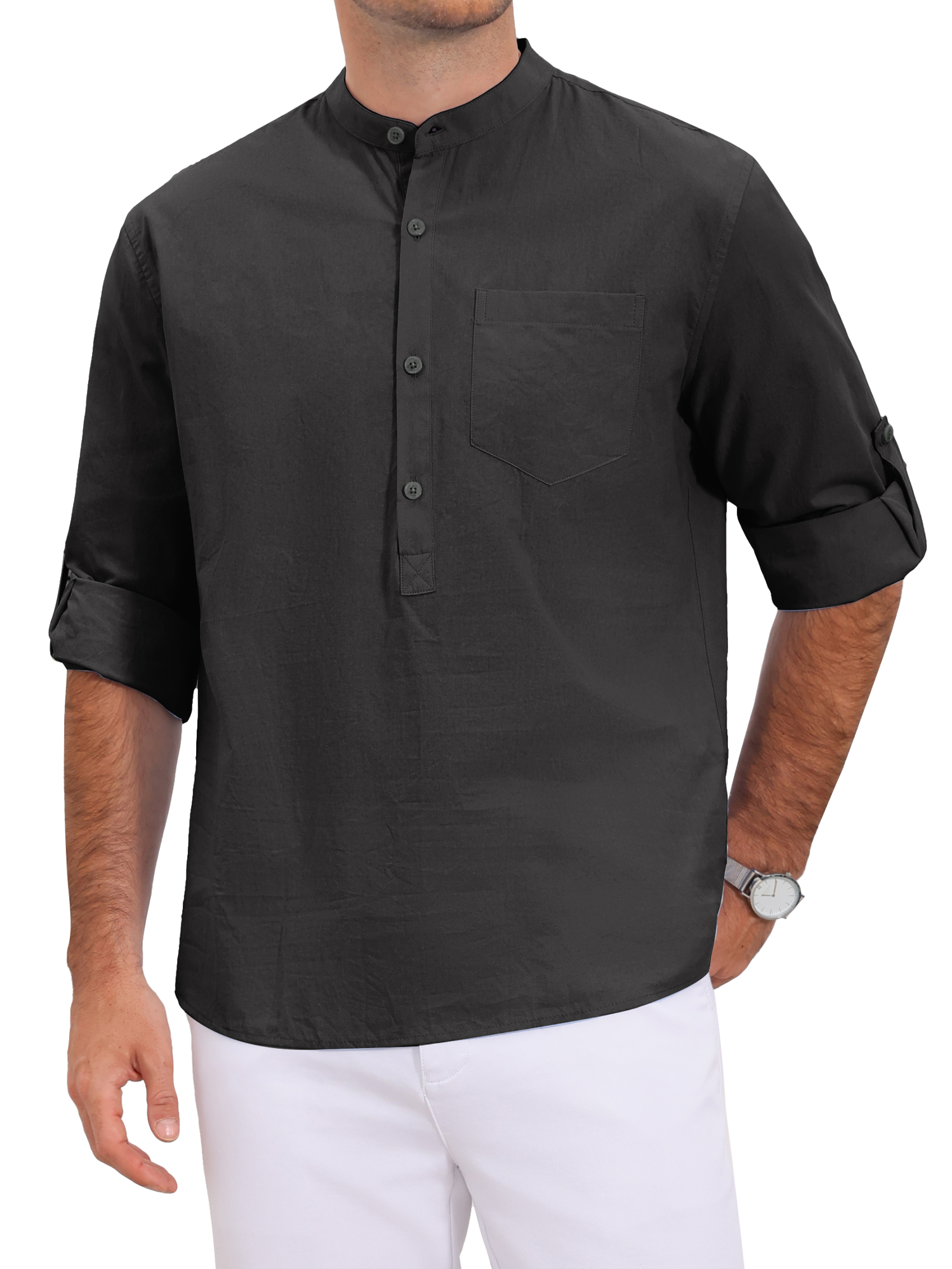 INSPIRE CHIC Men's Henley Shirt Solid Color Roll-Up Long Sleeve Band Collar Button Down Top XXL Black