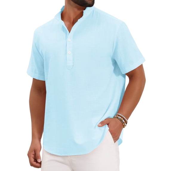 INSPIRE CHIC Men's Back to School Henley Shirt Solid Stand Collar Short Sleeve Linen Shirt 3XL Light Blue