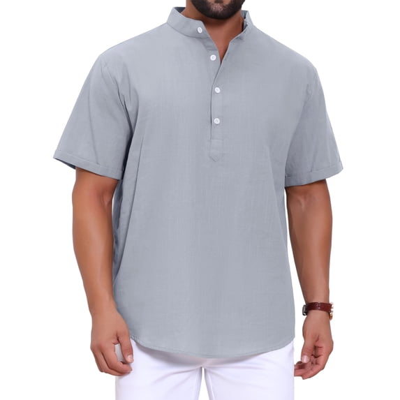 INSPIRE CHIC Men's Back to School Henley Shirt Solid Stand Collar Short Sleeve Linen Shirt M Gray
