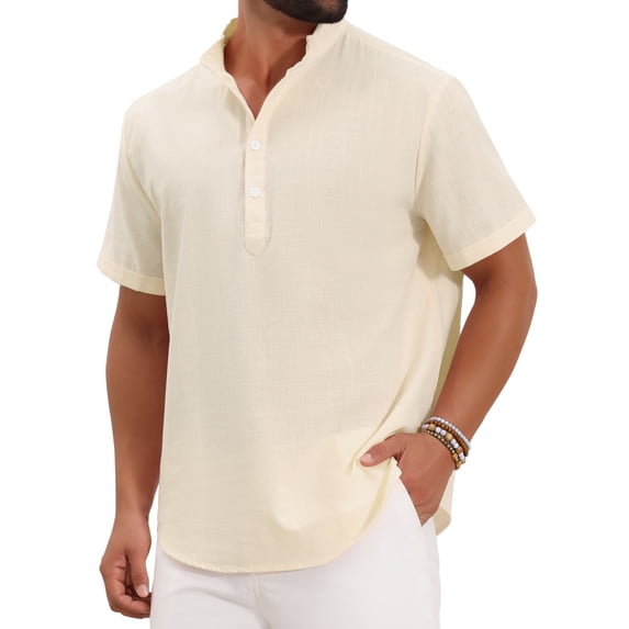 INSPIRE CHIC Men's Back to School Henley Shirt Solid Stand Collar Short Sleeve Linen Shirt S Beige