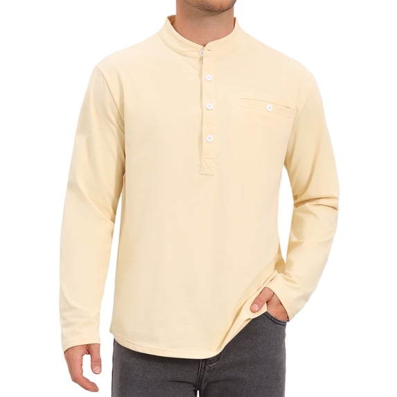 INSPIRE CHIC Men's Henley Shirts Long Sleeve Button Chest Pocket Casual T-Shirt XL Beige