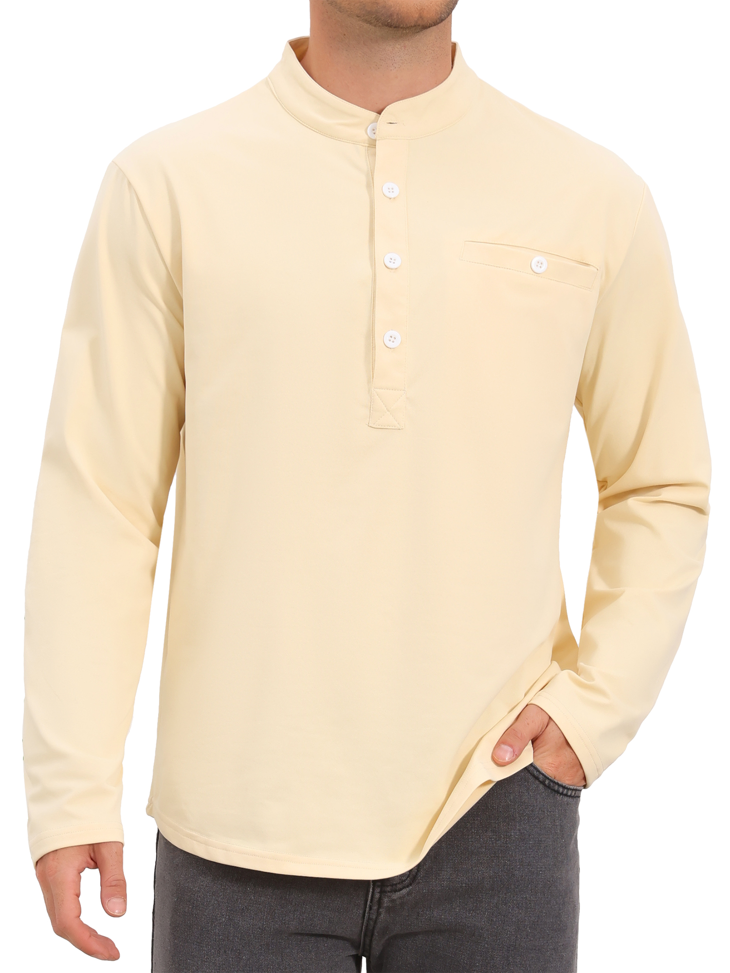 INSPIRE CHIC Men's Henley Shirts Long Sleeve Button Chest Pocket Casual T-Shirt XL Beige