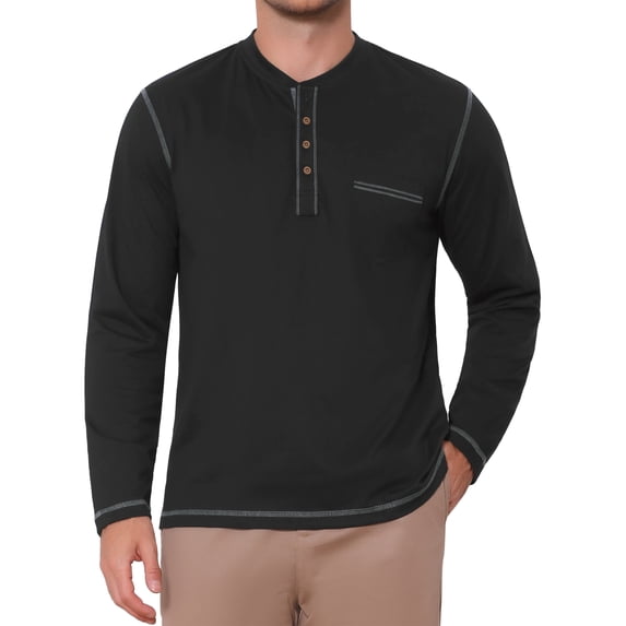 INSPIRE CHIC Men's Henley Shirts Long Sleeve Chest Pocket Casual Basic Tee Shirt 2XL Black