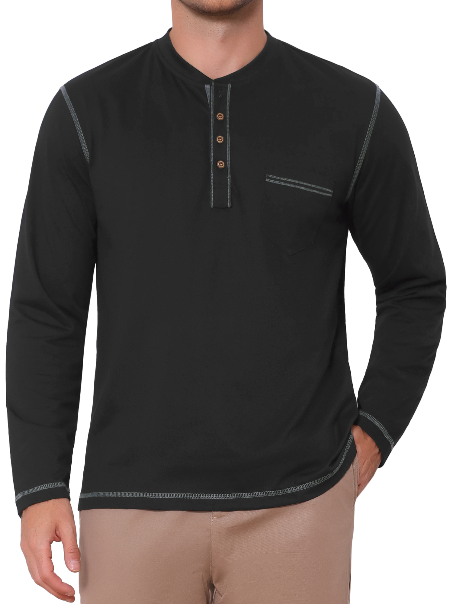INSPIRE CHIC Men's Henley Shirts Long Sleeve Chest Pocket Casual Basic Tee Shirt M Black