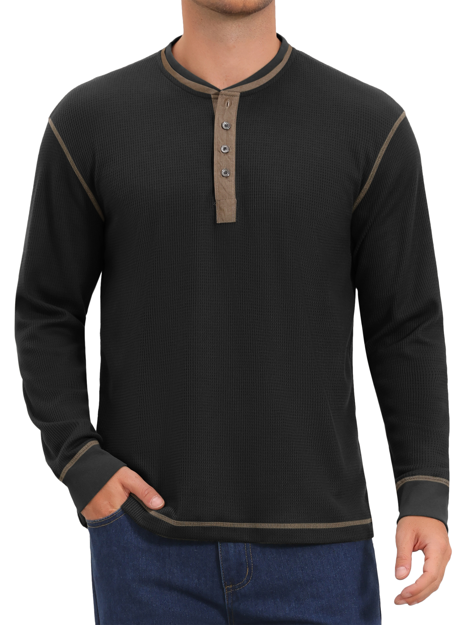 INSPIRE CHIC Men's Henley Shirt Long Sleeve Contrast Trim Button Neck Casual Top 3XL Black