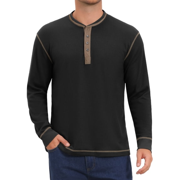 INSPIRE CHIC Men's Henley Shirt Long Sleeve Contrast Trim Button Neck Casual Top M Black