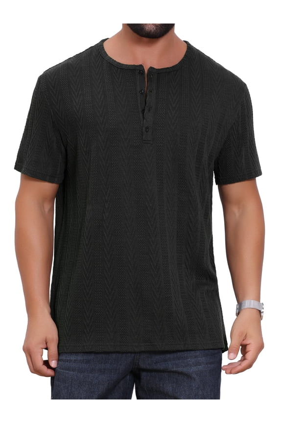 Men's Henley Short Sleeve Button Down Jacquard Texture Knitted T-Shirts M Black