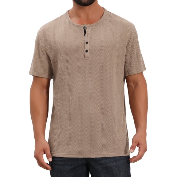 INSPIRE CHIC Men's Henley Short Sleeve Button Down Jacquard Texture Knitted T-Shirts XL Khaki