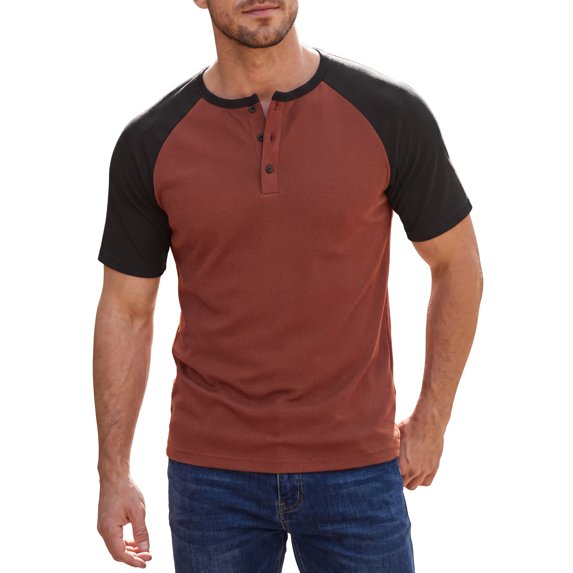 INSPIRE CHIC Men's Henley T-Shirt Color Block Raglan Sleeves Casual Tee M Brick Red