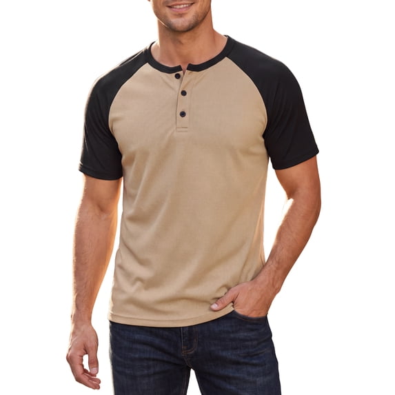 INSPIRE CHIC Men's Henley T-Shirt Color Block Raglan Sleeves Casual Tee M Khaki