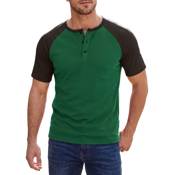 INSPIRE CHIC Men's Henley T-Shirt Color Block Raglan Sleeves Casual Tee XL Green