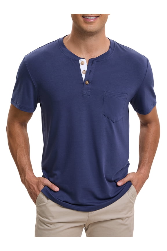 Men's Henley T-Shirts Casual Summer Short Sleeves Button Basic Tee XL Blue