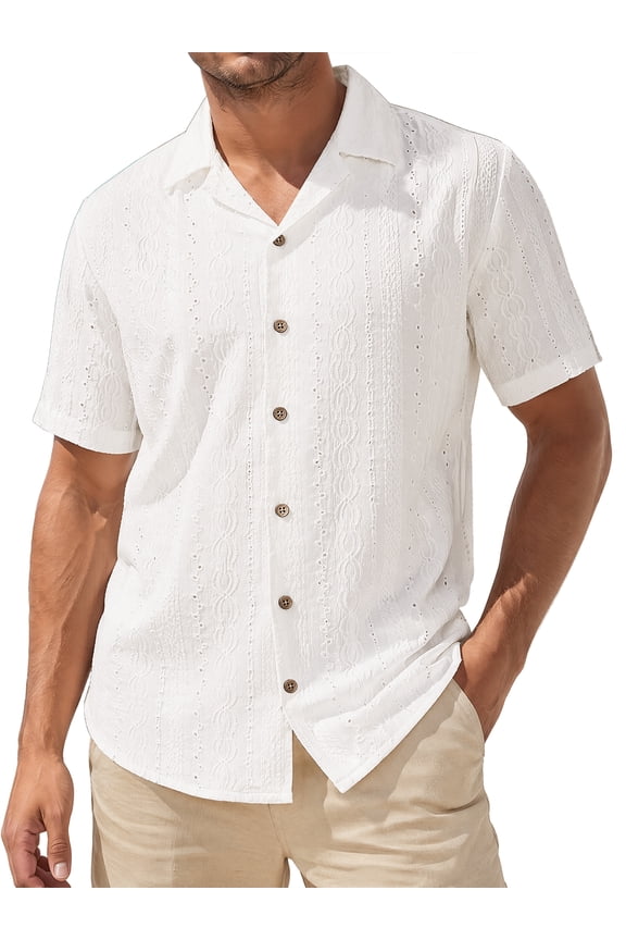 Men's Hollow Knit Shirt Short Sleeve Button Down Texture Breathable Summer Beach Shirts M White
