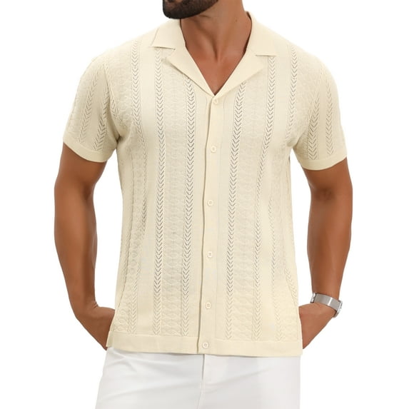 INSPIRE CHIC Men's Hollow Knitted Shirt Short Sleeve Button Down Striped Shirts M Beige