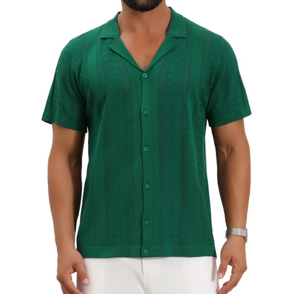 INSPIRE CHIC Men's Hollow Knitted Shirt Short Sleeve Button Down Striped Shirts M Green