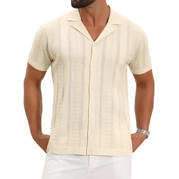 INSPIRE CHIC Men's Hollow Knitted Shirt Short Sleeve Button Down Striped Shirts XL Beige