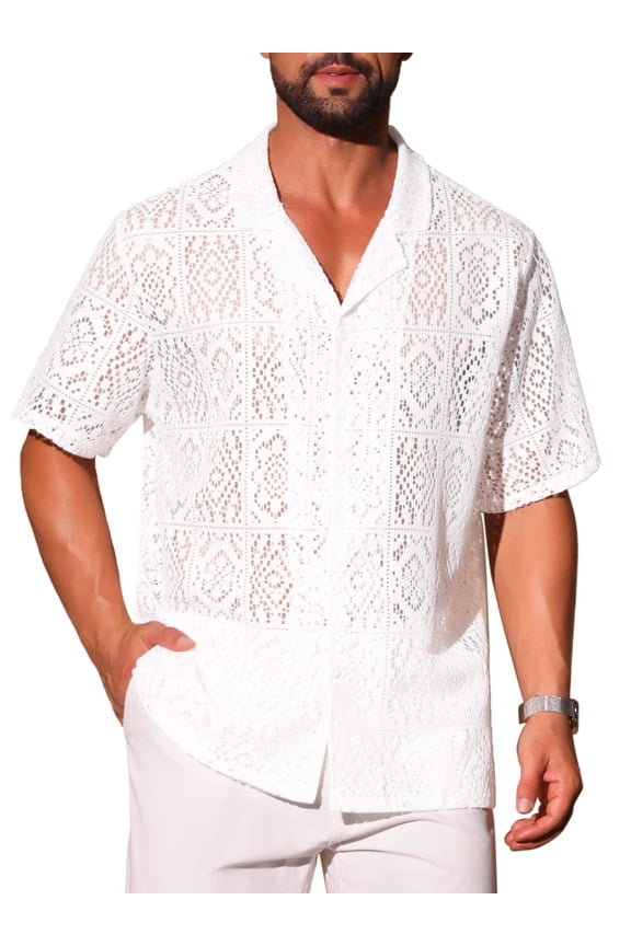 Men's Hollow Lace Button Down Short Sleeve See Through Mesh Shirt L White