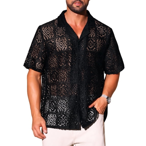 INSPIRE CHIC Men's Hollow Lace Button Down Short Sleeve See Through Mesh Shirt M Black