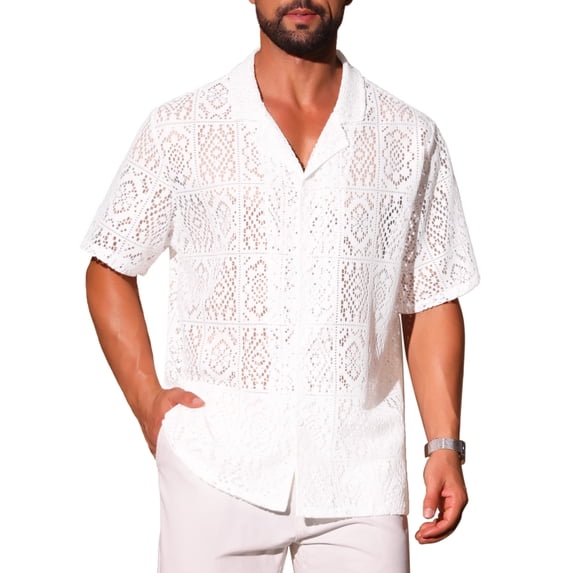 INSPIRE CHIC Style Men's Hollow Lace Button Down Short Sleeve See Through Mesh Shirt M White