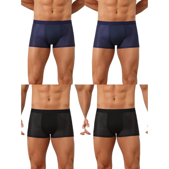 INSPIRE CHIC Men's Hollow Mesh Mid Rise Lightweight Breathable Solid Boxer Shorts 4 Packs 30 2 Black 2 Navy