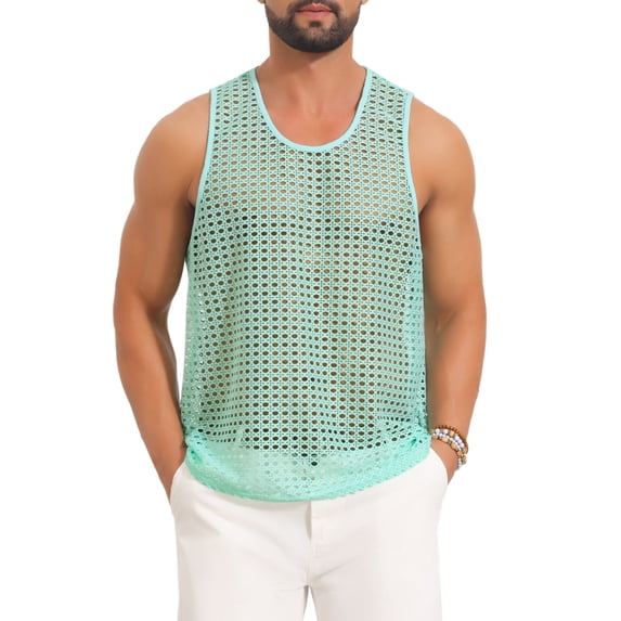 INSPIRE CHIC Men's Hollow Mesh Sleeveless Round Neck Club Knitted Sheer Vest S Light Green