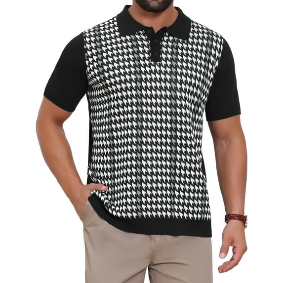 INSPIRE CHIC Easter Edition Men's Houndstooth Polo Shirts Summer Short Sleeve Casual Knit Shirt M Black White