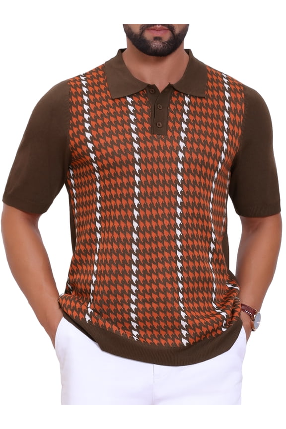 Men's Houndstooth Polo Shirts Summer Short Sleeve Casual Knit Shirt M Brick Red