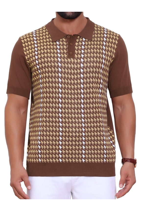 Men's Houndstooth Polo Shirts Summer Short Sleeve Casual Knit Shirt M Brown