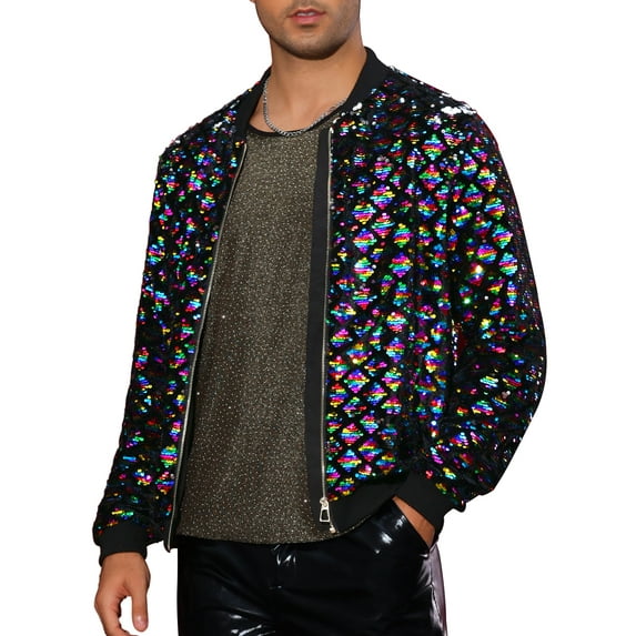 INSPIRE CHIC Men's Jacket Argyle Sequin Baseball Jacket Party Club Shiny Jacket L Multicolor