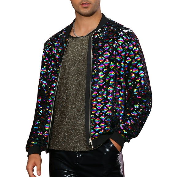 INSPIRE CHIC Men's Jacket Argyle Sequin Baseball Jacket Party Club Shiny Jacket S Multicolor
