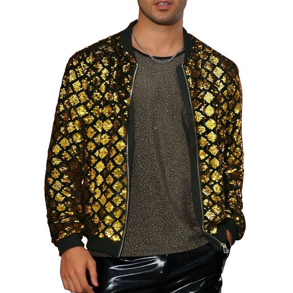 INSPIRE CHIC Men's Jacket Argyle Sequin Baseball Jacket Party Club Shiny Jacket XL Golden