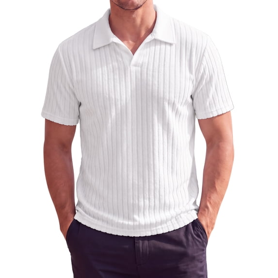 INSPIRE CHIC Men's Jacquard Knit Polo Shirt V Neck Breathable Summer Golf Tee M White