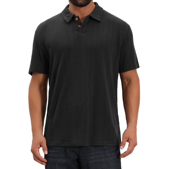 INSPIRE CHIC Men's Jacquard Texture Short Sleeve Button Down Collared Business Polo Shirt L Black