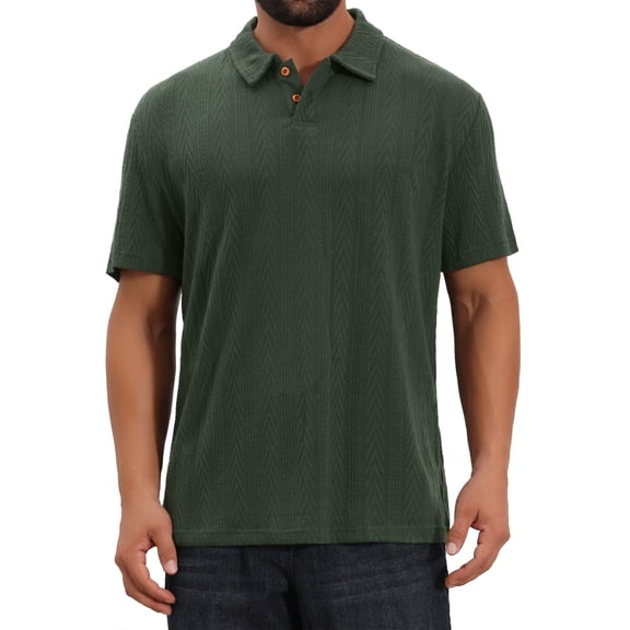 INSPIRE CHIC Men's Jacquard Texture Short Sleeve Button Down Collared Business Polo Shirt L Green