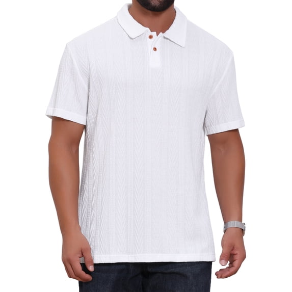 INSPIRE CHIC Edition Men's Jacquard Texture Short Sleeve Button Down Collared Business Polo Shirt M White